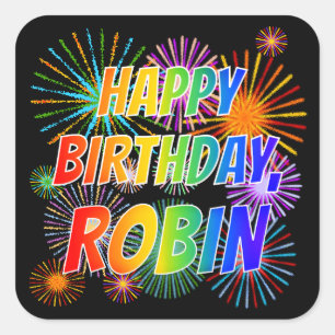 Pegatina Cuadrada Nombre "ROBIN", diversión "FELIZ CUMPLEAÑOS"