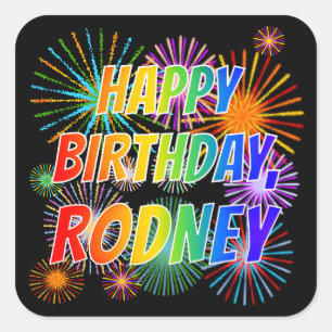 Pegatina Cuadrada Nombre "RODNEY", Diversión "FELIZ CUMPLEAÑOS"