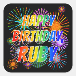 Pegatina Cuadrada Nombre "RUBY", diversión "FELIZ CUMPLEAÑOS"