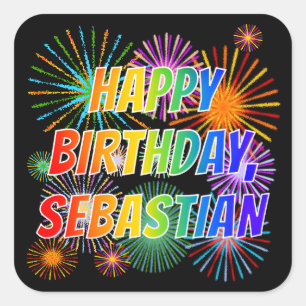 Pegatina Cuadrada Nombre "SEBASTIAN", diversión "FELIZ CUMPLEAÑOS"