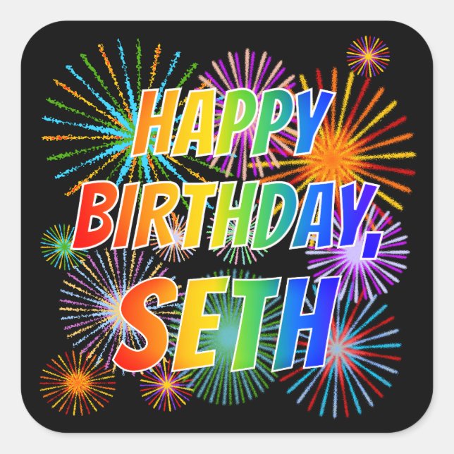 Pegatina Cuadrada Nombre "SETH", Diversión "FELIZ CUMPLEAÑOS" (Anverso)