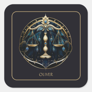 Pegatina Cuadrada Nombre Símbolo Zodiaco Libra Oro Negro Equilibrio 