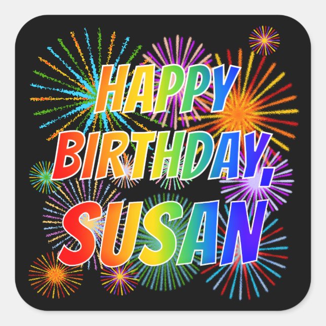 Pegatina Cuadrada Nombre "SUSAN", Divertido "FELIZ CUMPLEAÑOS" (Anverso)