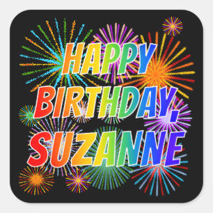 Pegatina Cuadrada Nombre "SUZANNE", diversión "FELIZ CUMPLEAÑOS"