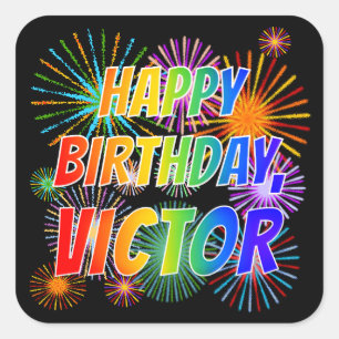 Pegatina Cuadrada Nombre "VICTOR", diversión "FELIZ CUMPLEAÑOS"