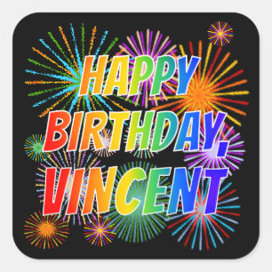 Pegatina Cuadrada Nombre "VINCENT", Diversión "FELIZ CUMPLEAÑOS"