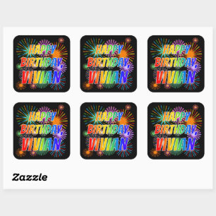 Pegatina Cuadrada Nombre "VIVIAN", diversión "FELIZ CUMPLEAÑOS"