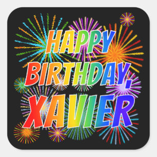 Pegatina Cuadrada Nombre "XAVIER", Diversión "FELIZ CUMPLEAÑOS"