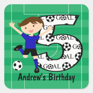Pegatina Cuadrada Nombre y quinto cumpleaños: Blue and Black Soccer