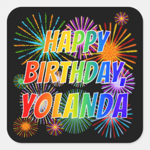 Pegatina Cuadrada Nombre "YOLANDA", diversión "FELIZ CUMPLEAÑOS"