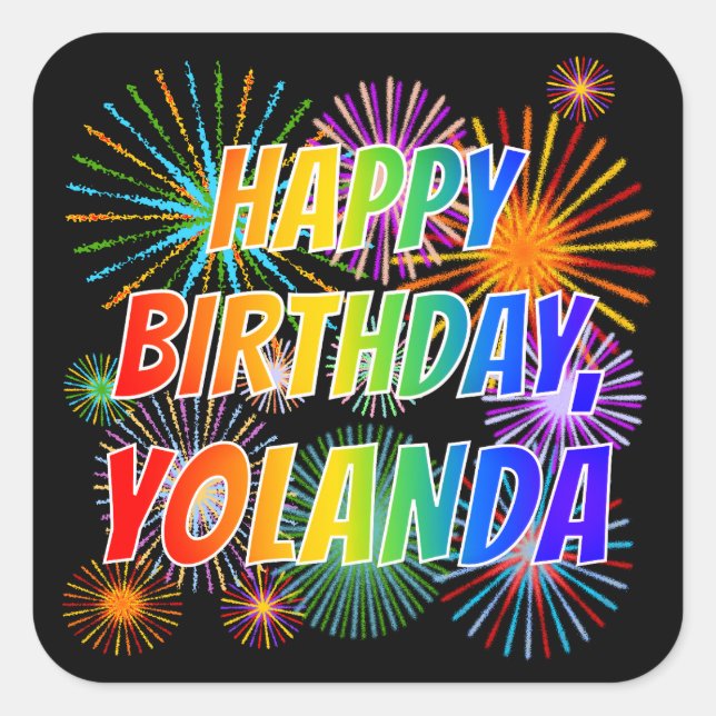 Pegatina Cuadrada Nombre "YOLANDA", diversión "FELIZ CUMPLEAÑOS" (Anverso)