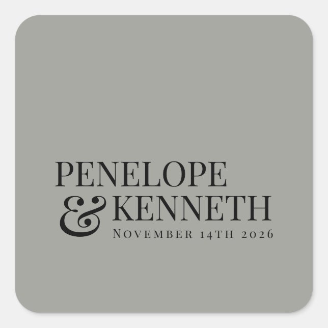 Pegatina Cuadrada Nombres clásicos de boda Gris y personalizados (Anverso)