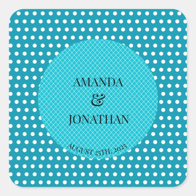 Pegatina Cuadrada Nombres clásicos de casamiento personalizado azul  (Anverso)