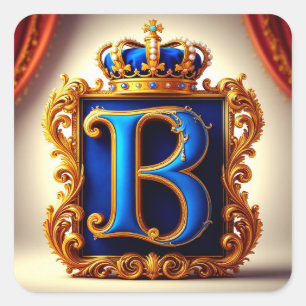Pegatina Cuadrada 👑 Nombres con Monograma de Corona de Letra B Azul
