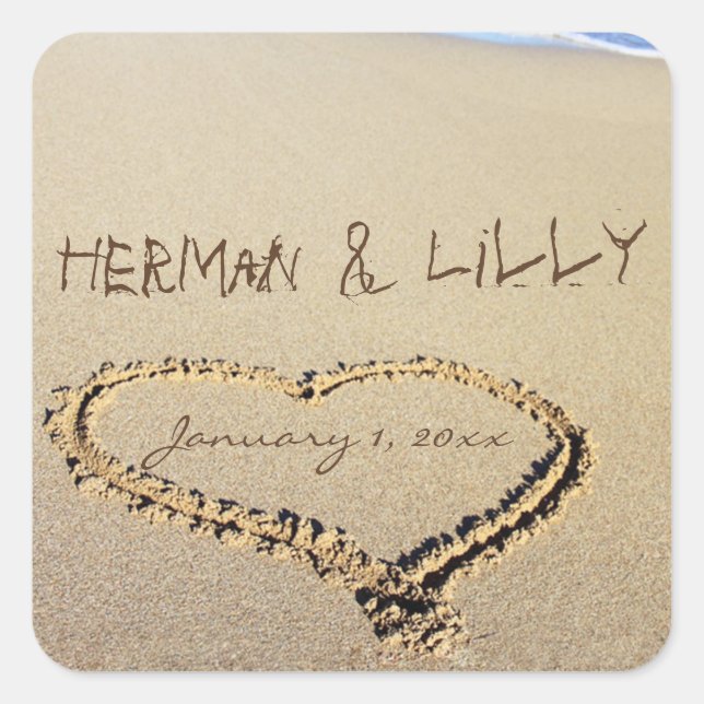 Pegatina Cuadrada Nombres En El Boda Personalizado De La Arena (Anverso)