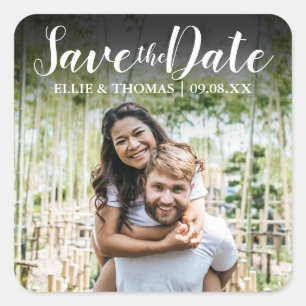 Pegatina Cuadrada Nombres Personalizados Foto Script Save the Date