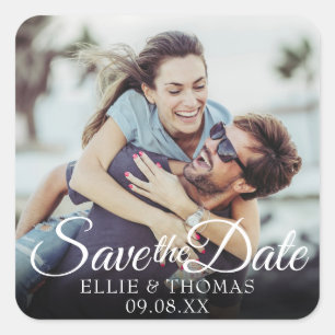 Pegatina Cuadrada Nombres Personalizados Foto Script Save the Date