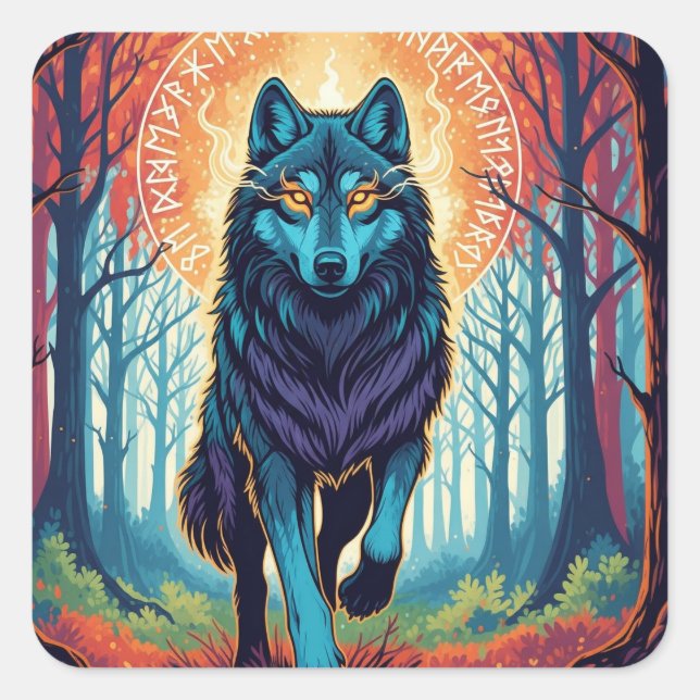 Pegatina Cuadrada Nordic Spirit Wolf Square Sticker (Anverso)