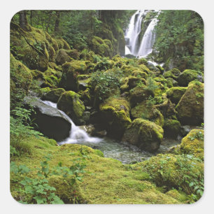 Pegatina Cuadrada Norteamérica, EE. UU., Alaska. Una cascada y