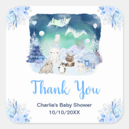 Pegatina Cuadrada Northern Lights Animals Baby Shower Thank You