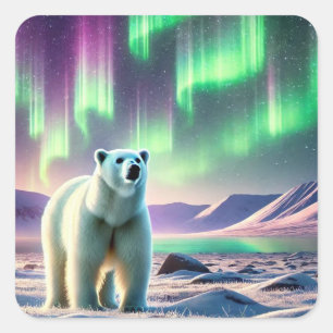 Pegatina Cuadrada Northern Lights with Polar Bear 