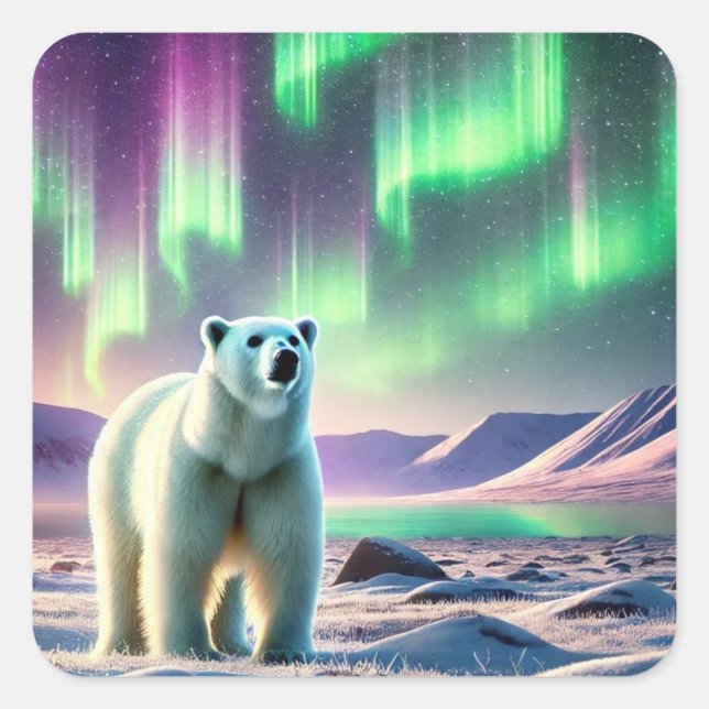 Pegatina Cuadrada Northern Lights with Polar Bear  (Anverso)