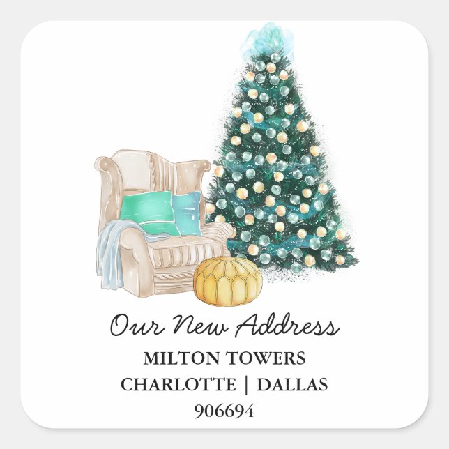 Pegatina Cuadrada Nos Hemos Mudado | Árbol de Navidad | Nueva direcc (Anverso)