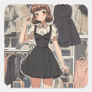 Pegatina Cuadrada Nostálgico Anime Pequeño Decal de Vestido Negro - 