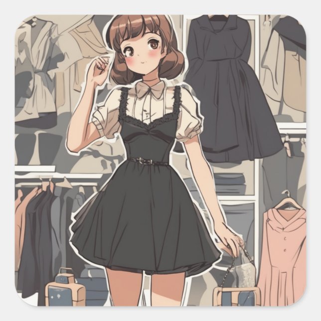 Pegatina Cuadrada Nostálgico Anime Pequeño Decal de Vestido Negro -  (Anverso)