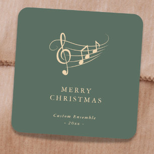 Pegatina Cuadrada Notas de Música de Oro Simple Navidad Verde