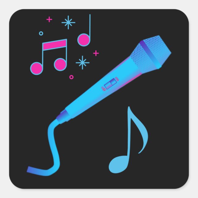 Pegatina Cuadrada Notas musicales de micrófono dibujado a mano azul (Anverso)