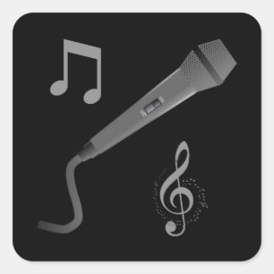 Pegatina Cuadrada Notas musicales de micrófono gris plata