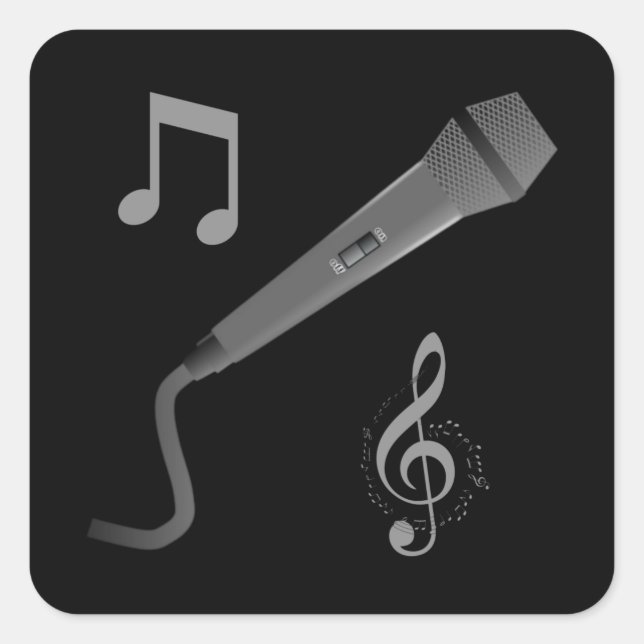 Pegatina Cuadrada Notas musicales del micrófono dibujado a mano gris (Anverso)