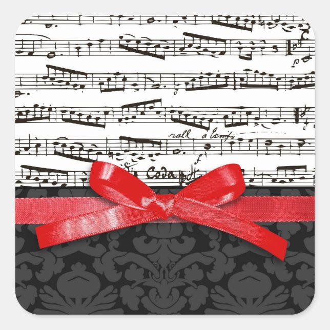 Pegatina Cuadrada Notas musicales y cinta roja falsa (Anverso)