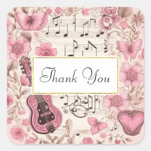 Pegatina Cuadrada Notas musicales y Flores estilo retro Gracias