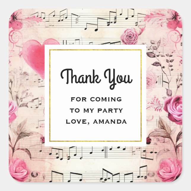 Pegatina Cuadrada Notas musicales y Rosas Fiesta de la Viña Gracias (Anverso)