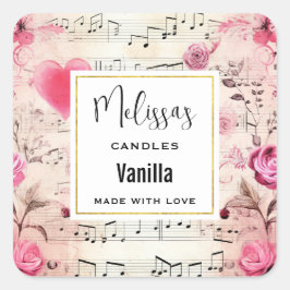 Pegatina Cuadrada Notas musicales y Rosas Vintage Design Candle Biz