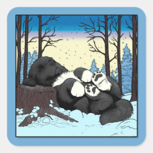 Pegatina Cuadrada Notta Bear Cozy Winter Nap Newfoundland Cachorro
