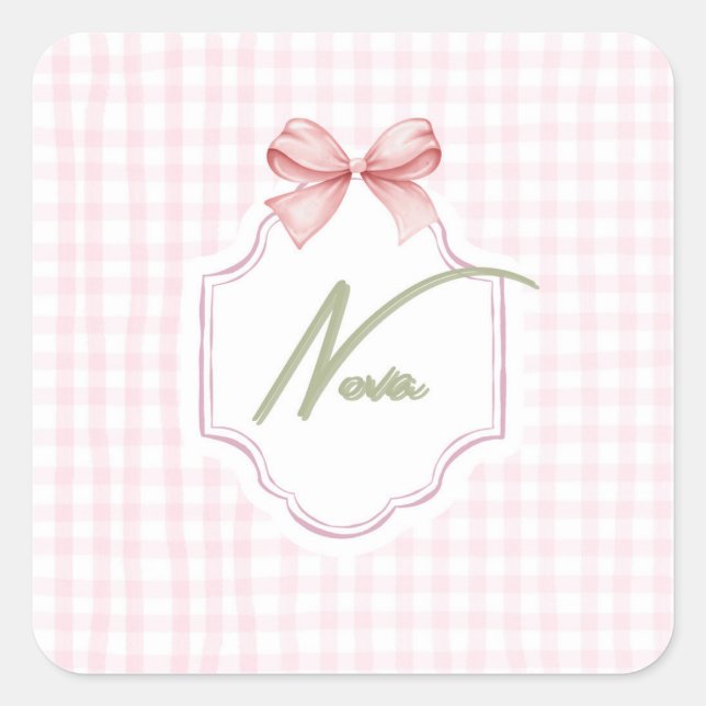 Pegatina Cuadrada Nova Baby Nursery Personalizado Bow&Gingham (Anverso)