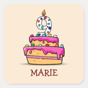 Pegatina Cuadrada Noveno cumpleaños, nueve en pastelito rosa dulce