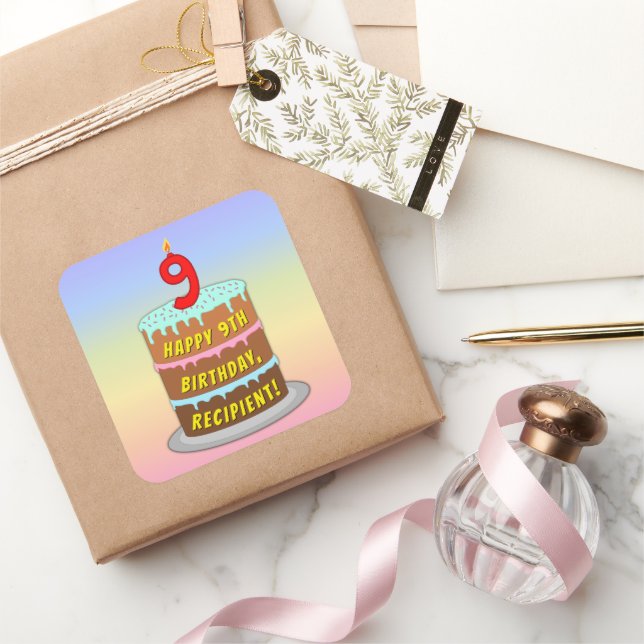 Pegatina Cuadrada Noveno cumpleaños: Pastel de diversión y velas + n (Regalar)