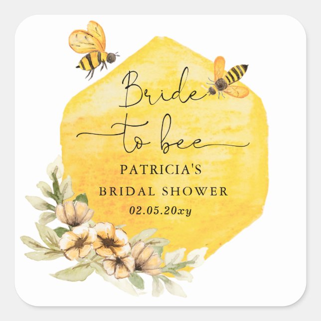Pegatina Cuadrada Novia Abeja Floral Baño de Novia (Anverso)