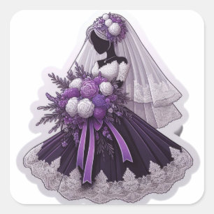 Pegatina Cuadrada Novia afroamericana flores púrpuras