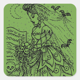 Pegatina Cuadrada NOVIA DE HALLOWEEN DE gótico, BAÑOS, VEILLO, BOUQU