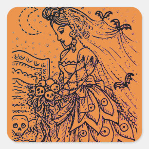 PEGATINA CUADRADA NOVIA DE HALLOWEEN GÓTICA, MURCIÉLAGOS, VELO, RAMO