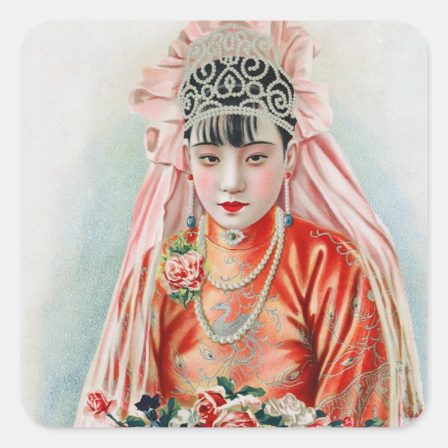 Pegatina Cuadrada Novia de rojo en boda china en Shanghái (Anverso)