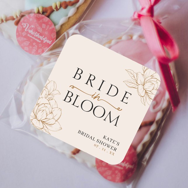 Pegatina Cuadrada Novia en Flor Tan Brown Despedida de Soltera (Bride in Bloom Tan Brown Bridal Shower Square Sticker
)