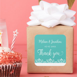 Pegatina Cuadrada Novia Groom Boda Verde azulada Elegante Blanca Gra