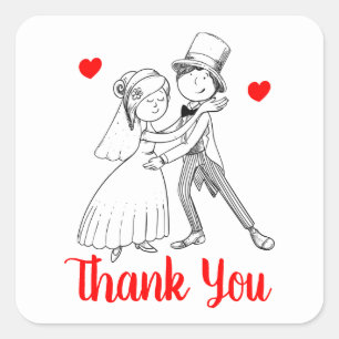 Pegatina Cuadrada Novia Novio Boda Rojo Negro Blanco Cute Gracias