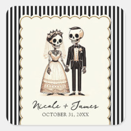 Pegatina Cuadrada Novia + Novio Esqueleto de Dibujos Animados Boda C
